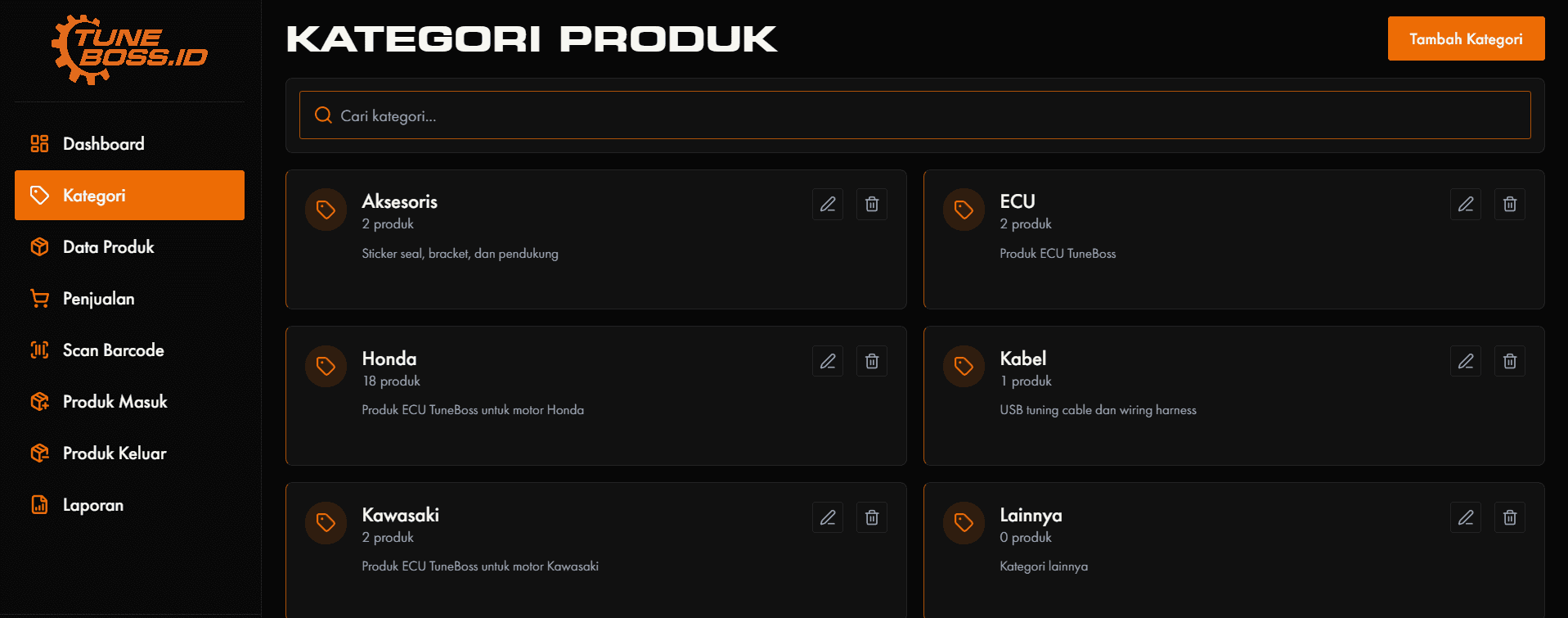 TuneBoss Indonesia Inventory website screenshot